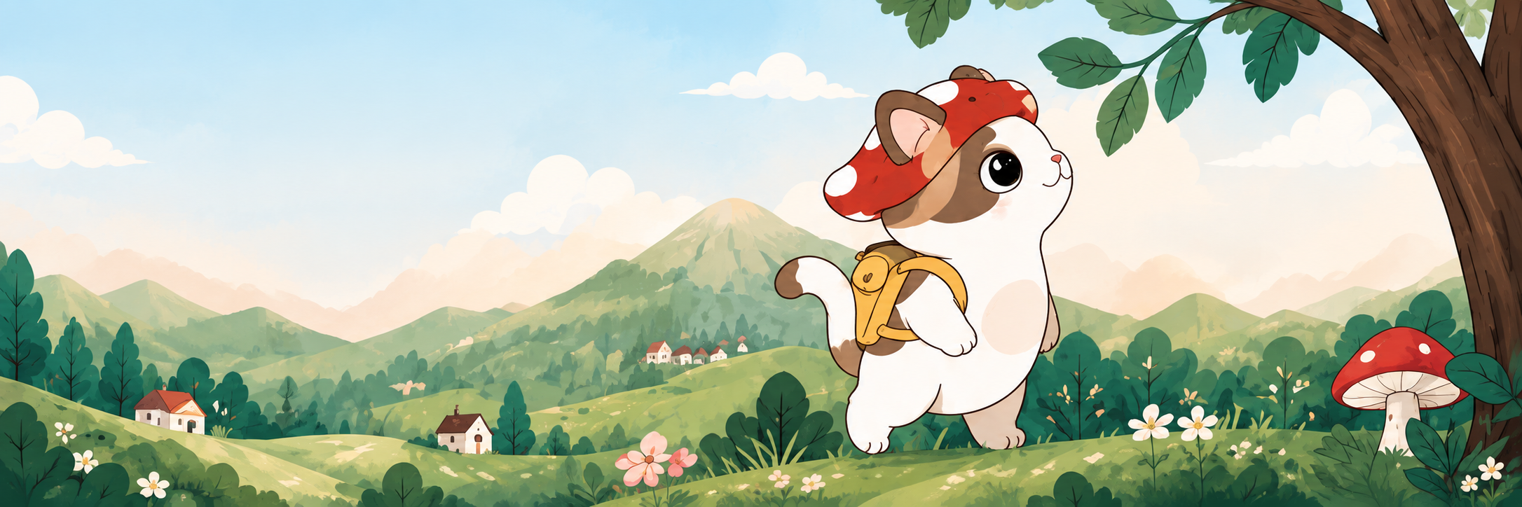 Mushroom exploring a beautiful storybook landscape