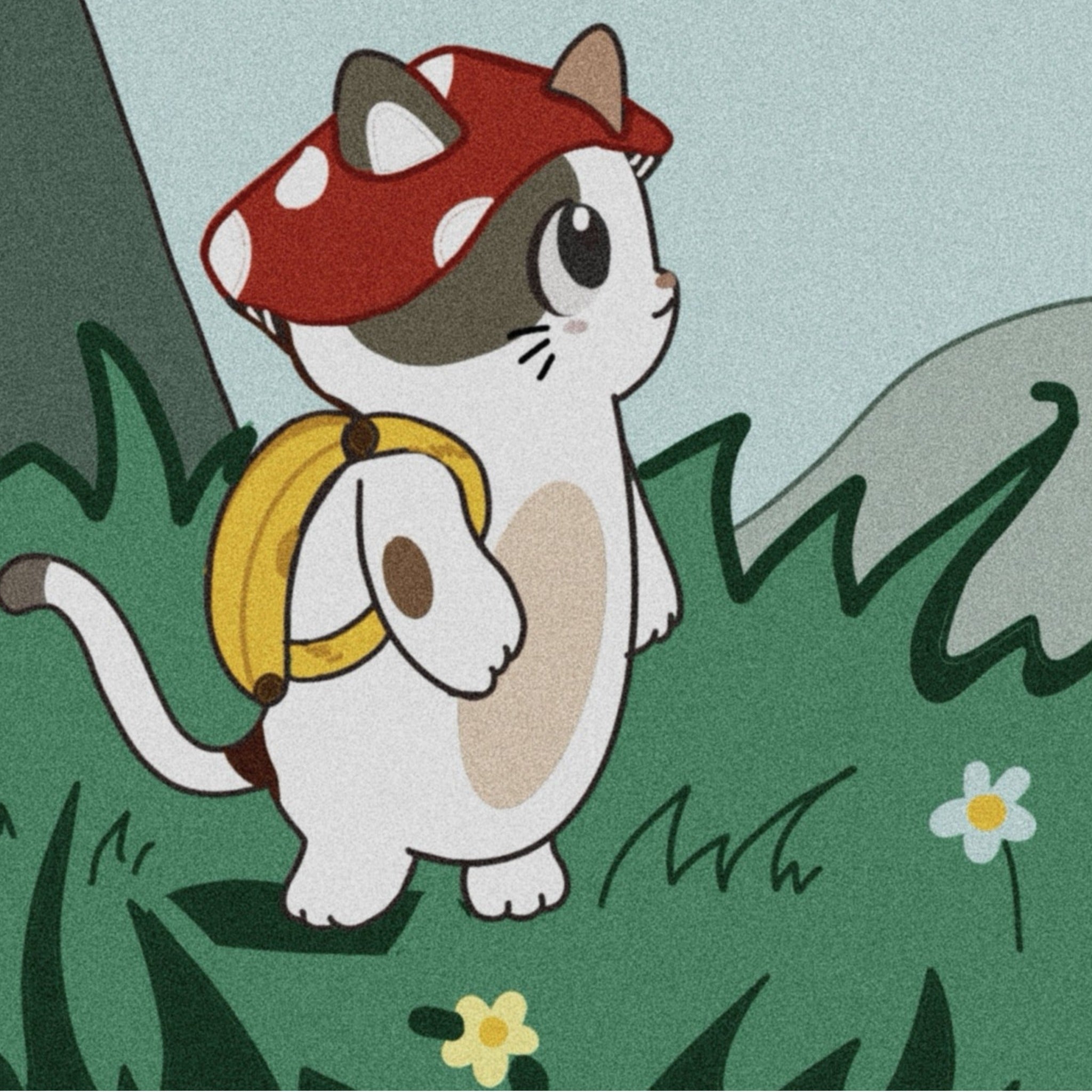 Mushroom wearing a red spotted hat and yellow backpack